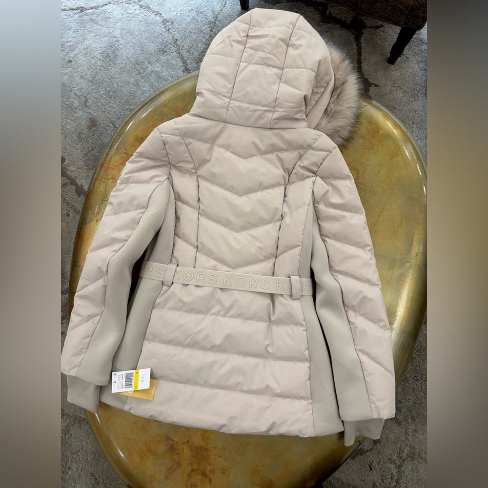 Michael Kors Champagne Belted MK Designer Fur Hood Jacket Coat Size M NWT $320 - Picture 3 of 9